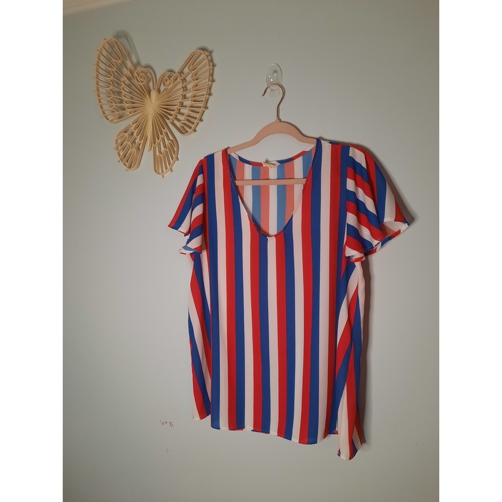 Red,‎ White & Blue Sz Large Striped Blouse, 4th of July Holiday, USA, America